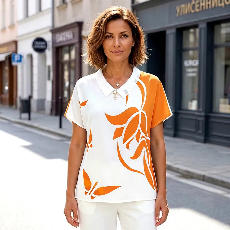 Női nyári blúz nagy méretekben M–5XL: légáteresztő sifon anyag, elegáns lótusz mintás nyomat, alkalmas mindennapi viseletre