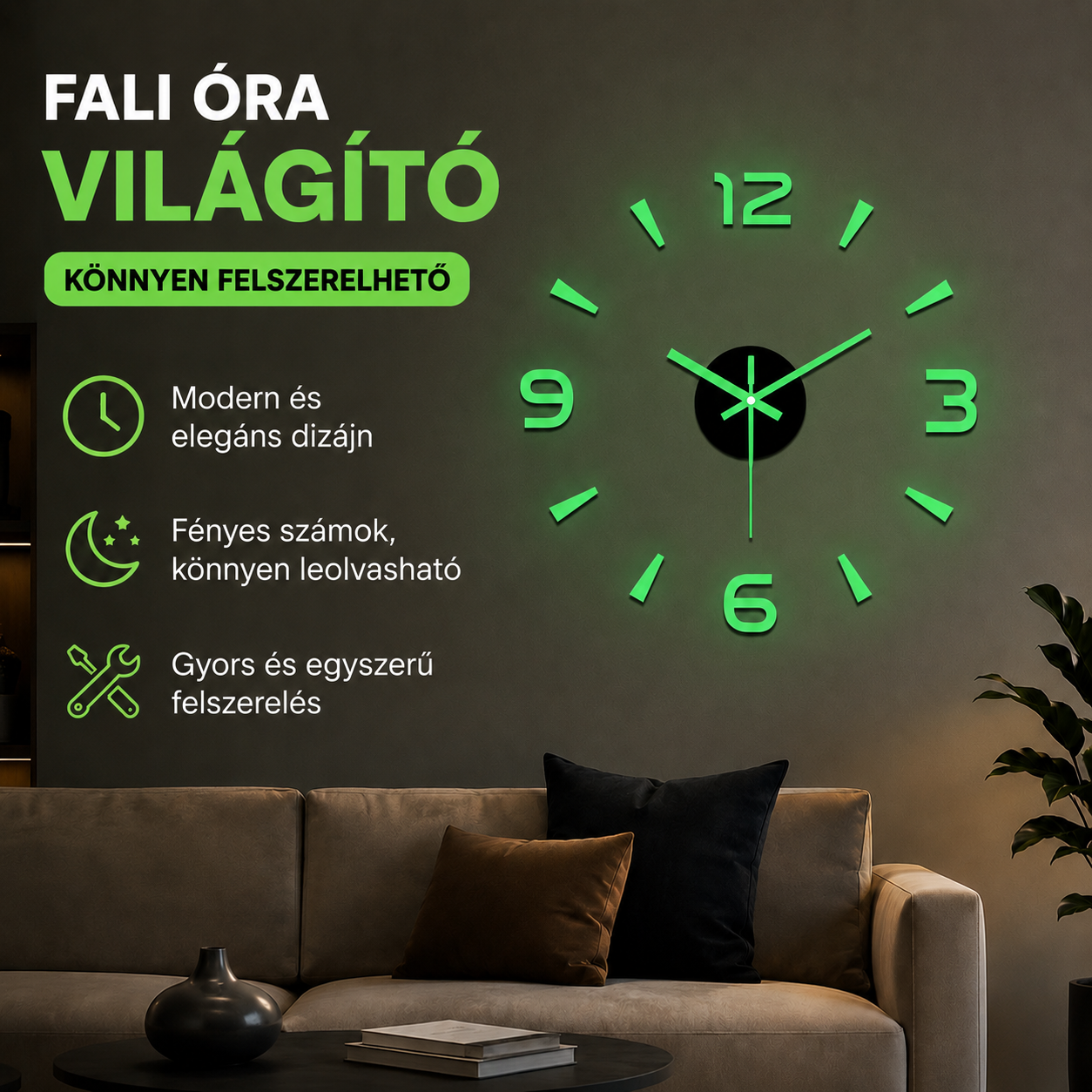 Világító 3D akril falióra – fúrás nélkül (összeszerelés nem szükséges)