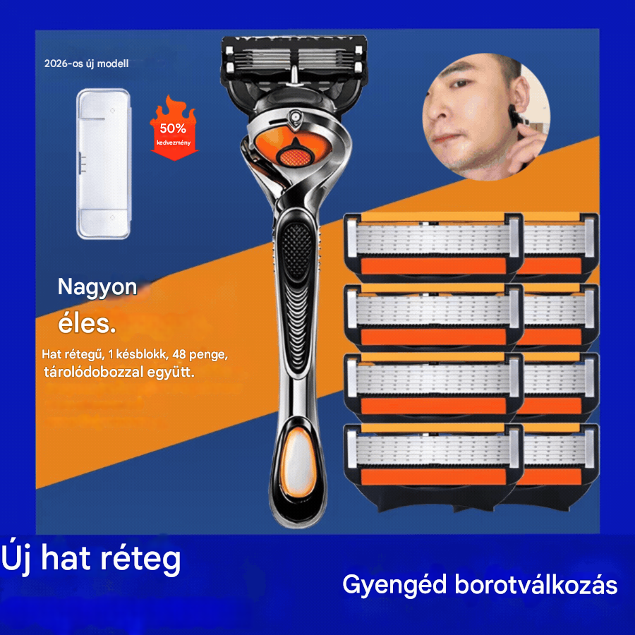 Férfi borotva pótpenge-készlet + nyél - ultraéles rozsdamentes acél pengék a sima borotválkozásért